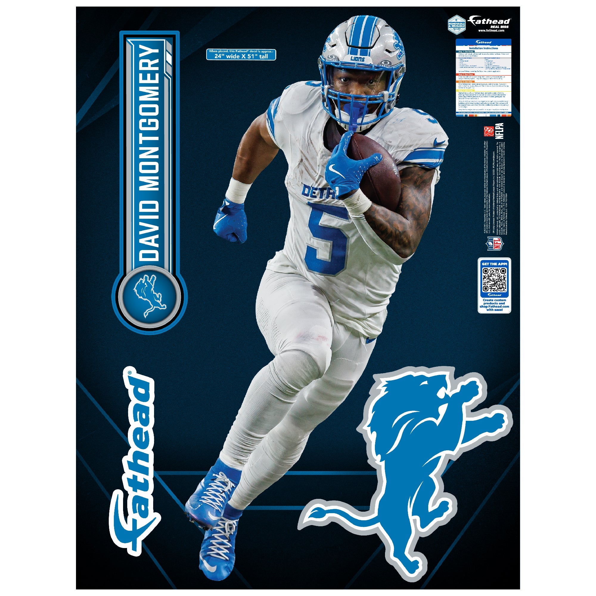 David Montgomery - Realbig Collection - Official NFL - Detroit Lions - Reusable Vinyl Wall Decals