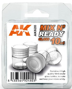 AK Interactive 620 Mix N' Ready 10ml Empty Glass Bottles (4)