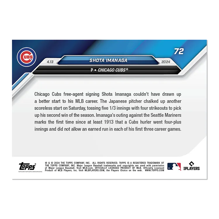 2024 Topps Now Shota Imanaga #72 Rookie RC Baseball Card