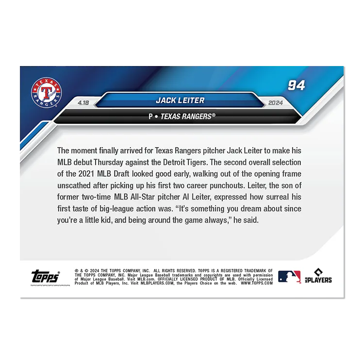 2024 Topps Now Jack Leiter #94 Rookie RC Baseball Card