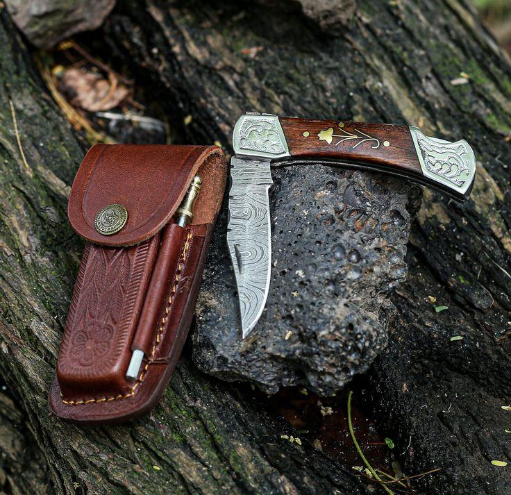 Custom Handmade Damascus Pocket Knife – 3" Blade with Leather Case