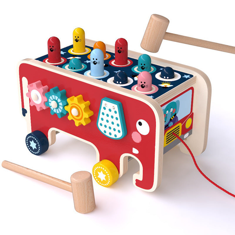 Wooden Pounding Bench Toy – Montessori Animal Bus for Toddlers