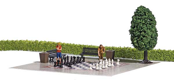 Busch 7839 HO Scale Garden Chess Chess Board, Benches, Tree, Cans and 2 Figures
