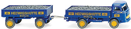 Wiking 43402 HO Scale 1957-1969 Mercedes-Benz LP 321 Low-Side Truck, Trailer, Coal Load - Assemble -- Hedwigshutte (blue, yellow, German Lettering)