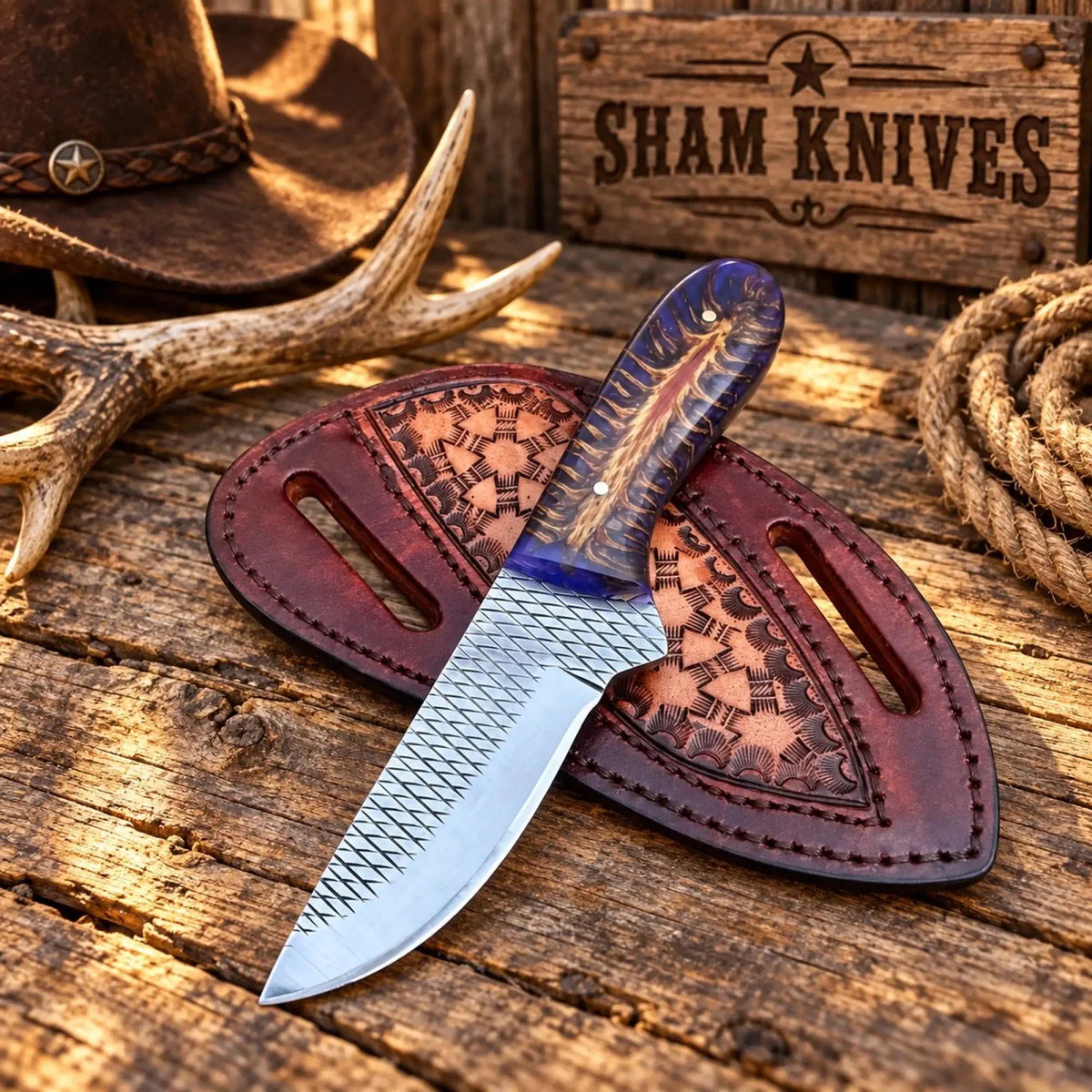 Blue Pine Cone Cowboy Skinning Knife – Rasp Steel & Pancake Sheath