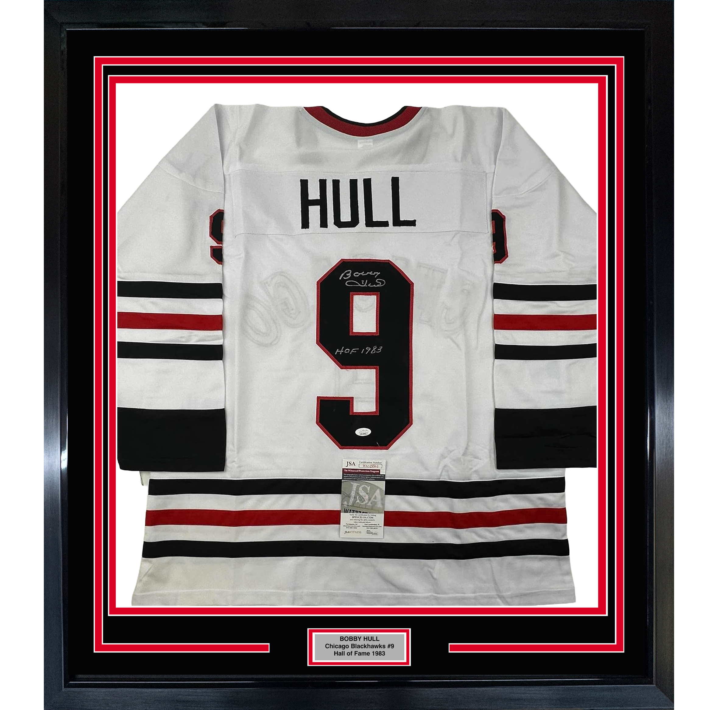 Framed Autographed/Signed Bobby Hull 35x39 HOF 1983 Chicago White Hockey Jersey JSA COA