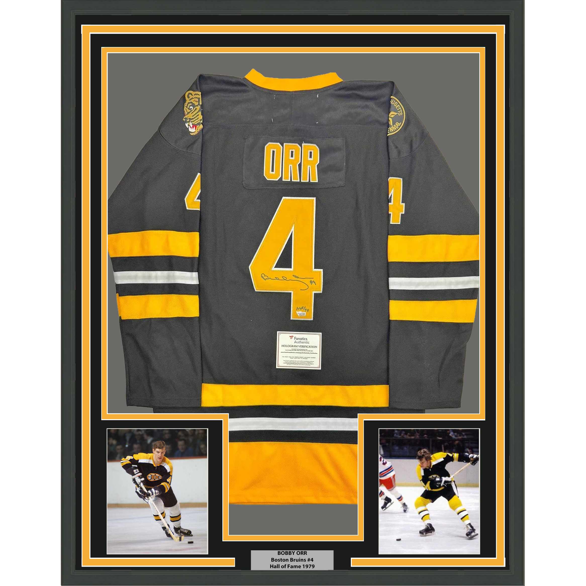 Framed Autographed/Signed Bobby Orr 35x39 "HOF 79" Boston Bruins Black Hockey Jersey Fanatics COA