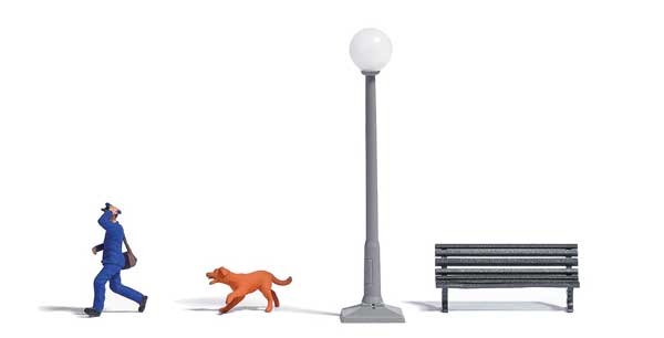 Busch 7889 HO Scale On the Run - Running Letter Carrier Figure, Chasing Dog