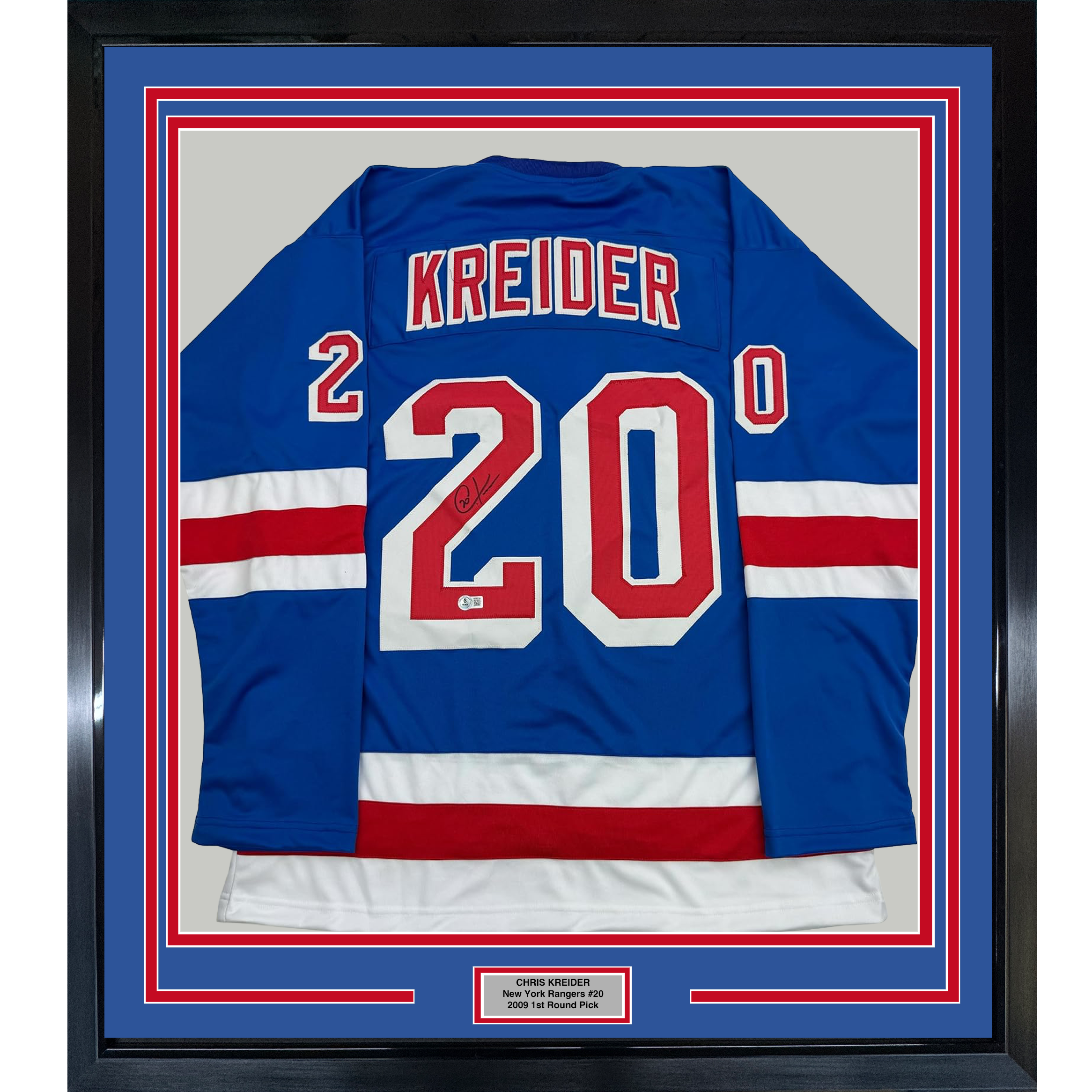 Framed Autographed/Signed Chris Kreider 35x39 New York Blue Hockey Jersey Beckett BAS COA