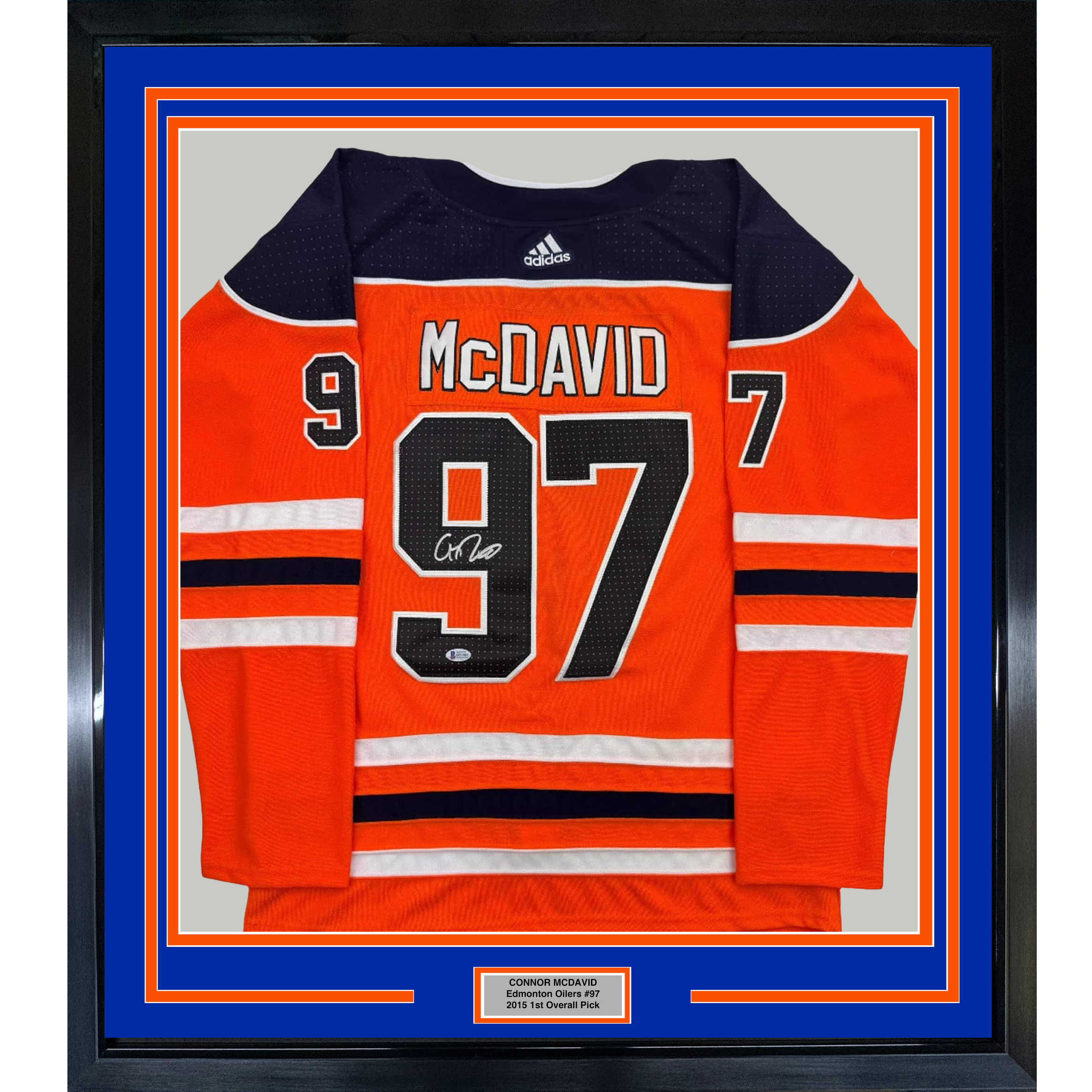 Framed Autographed/Signed Connor McDavid 35x39 Edmonton Orange Hockey Jersey Beckett BAS COA