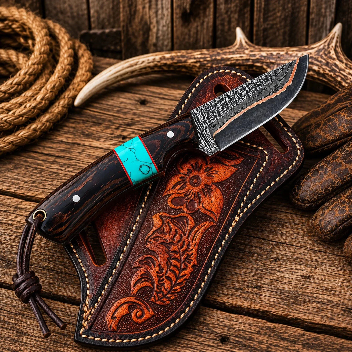 Copper Damascus Cross Draw Knife – Wenge Wood & Turquoise Inlay Handle