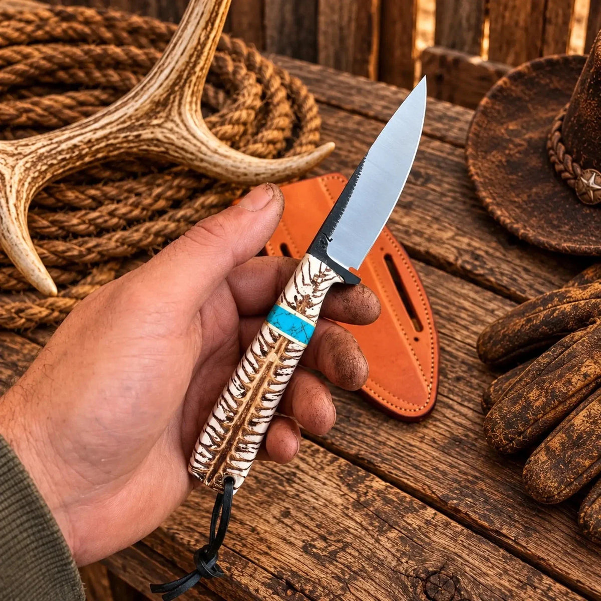 Cowboy Mini Ranch Knife – Rasp Steel with pinecone handle & pancake leather pouch