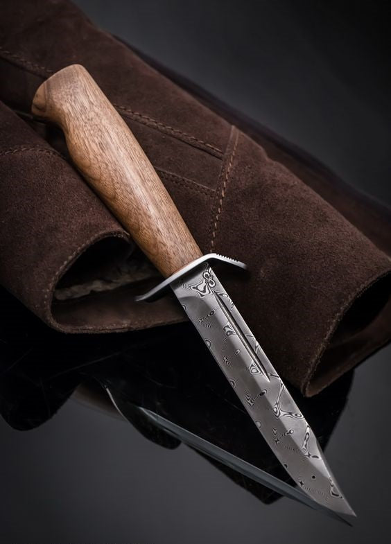 Damascus Hunting Knife for Sale - Damascus Steel Blade with Blood Groove, Walnut Wood Handle, Steel Guard, Leather Sheath - KBS Knives Store