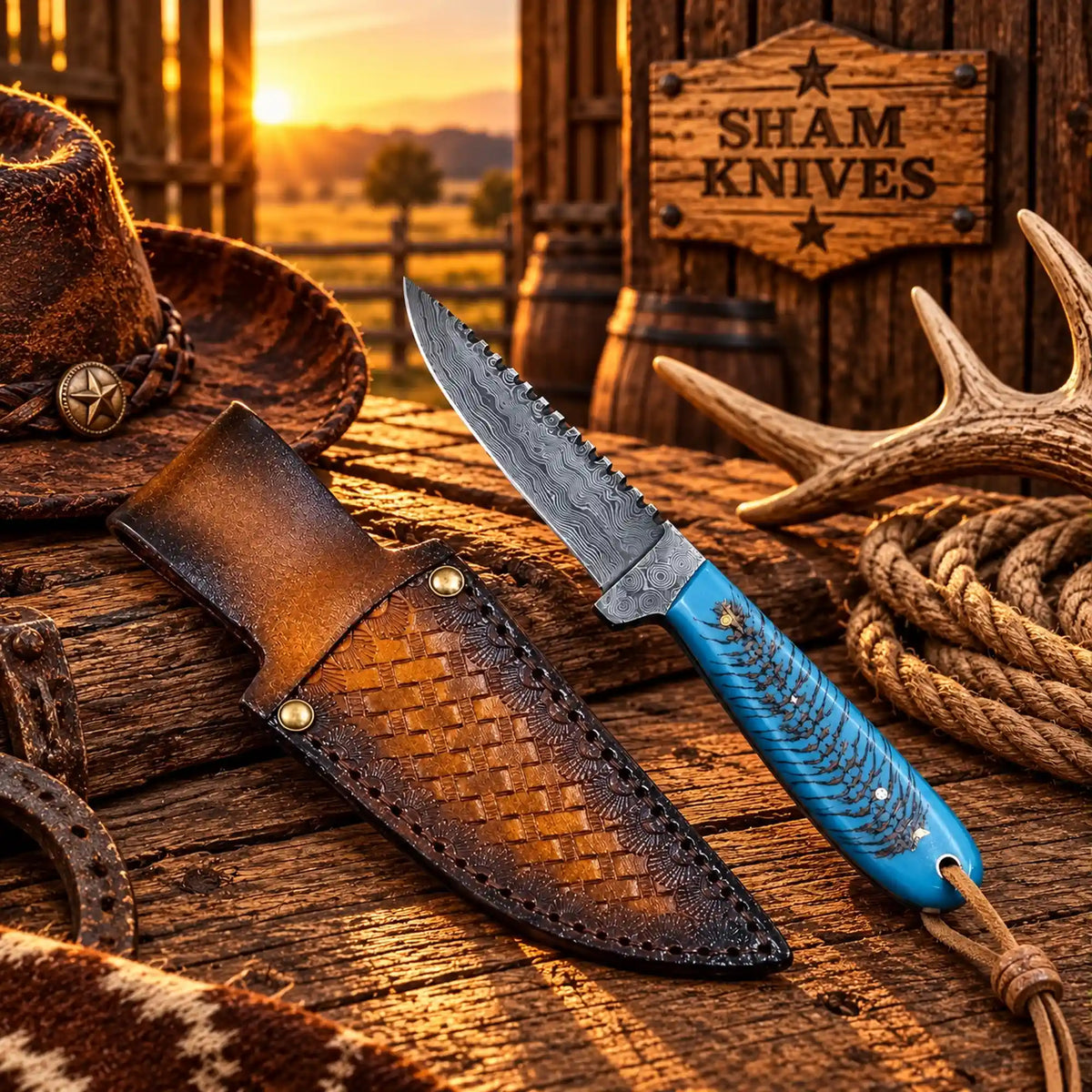Damascus Cowboy Belt Knife – Turquoise Pinecone Handle & Sheath