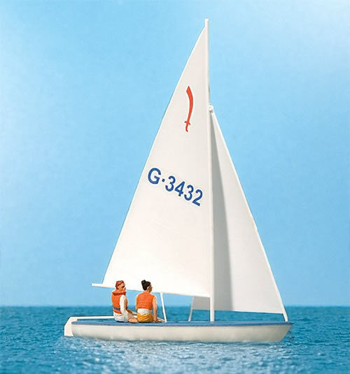 Preiser 10676 HO Scale Korsar Sailboat w/Sailor -- Sails Up (white, red, blue)