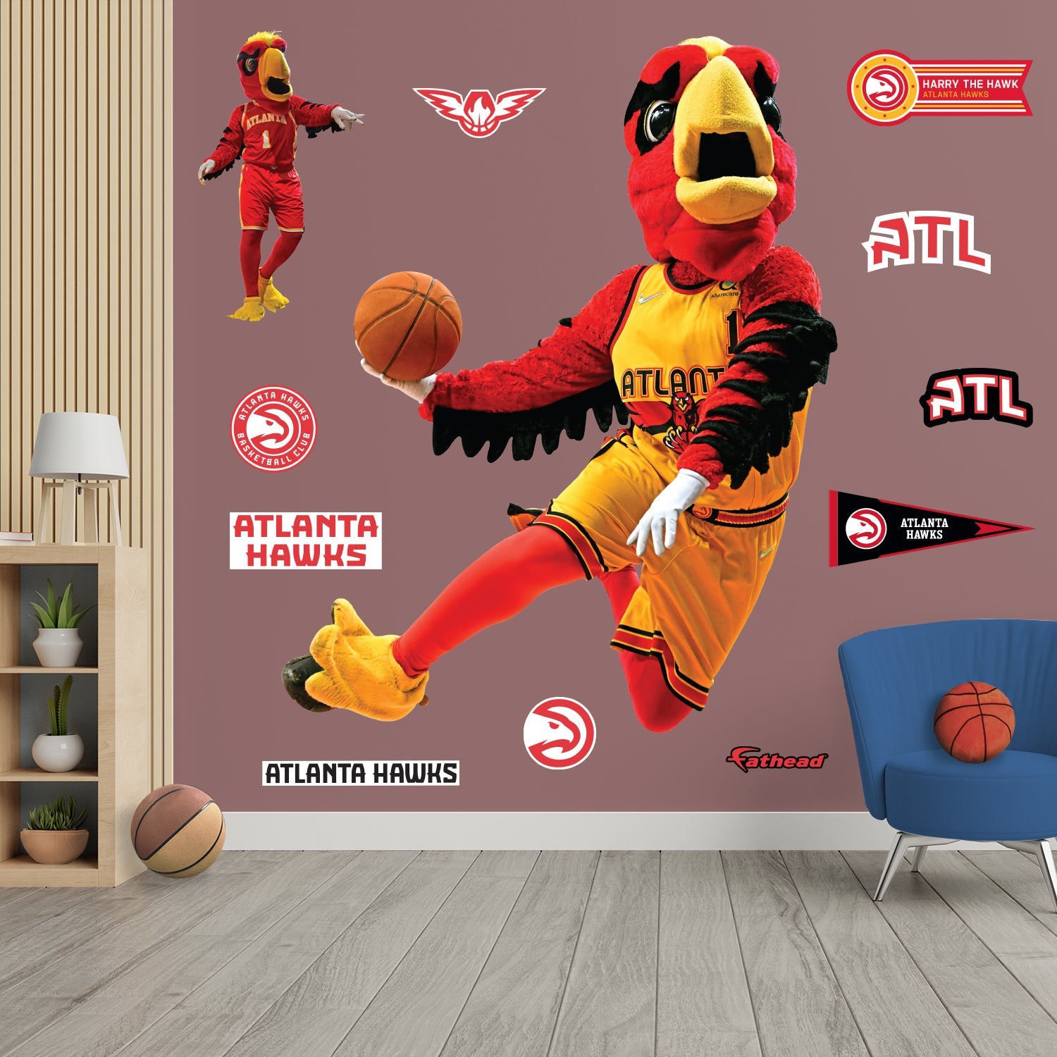 Harry the Hawk Mascot - RealBig Collection - Official NBA - Atlanta Hawks - Reusable Vinyl Wall Decals