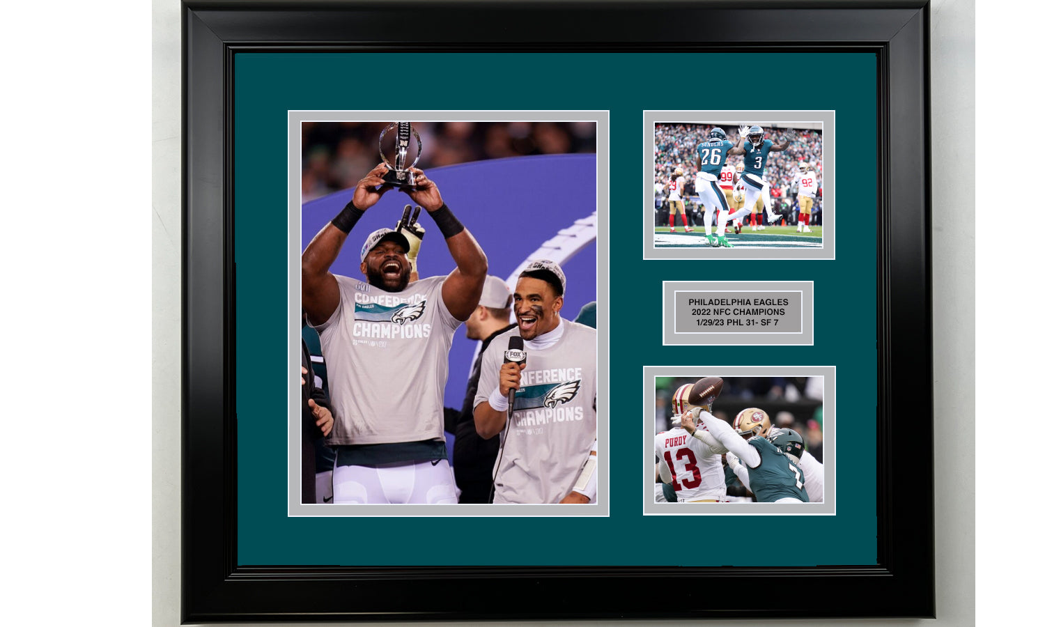 Framed Philadelphia Eagles 2022 NFC Champions Facsimile Laser Engraved Signature Football 14x11 3 Photo Collage