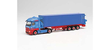 Herpa 313919 HO Scale Mercedes-Benz Actros Tractor with Hammar Side-Loader Container - Assembled -- Frankenbach (blue, red, German Lettering)