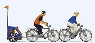 Preiser 10638 HO Scale Family on Bicycle Trip -- 2 Riders w/Bikes & Baby Trailer