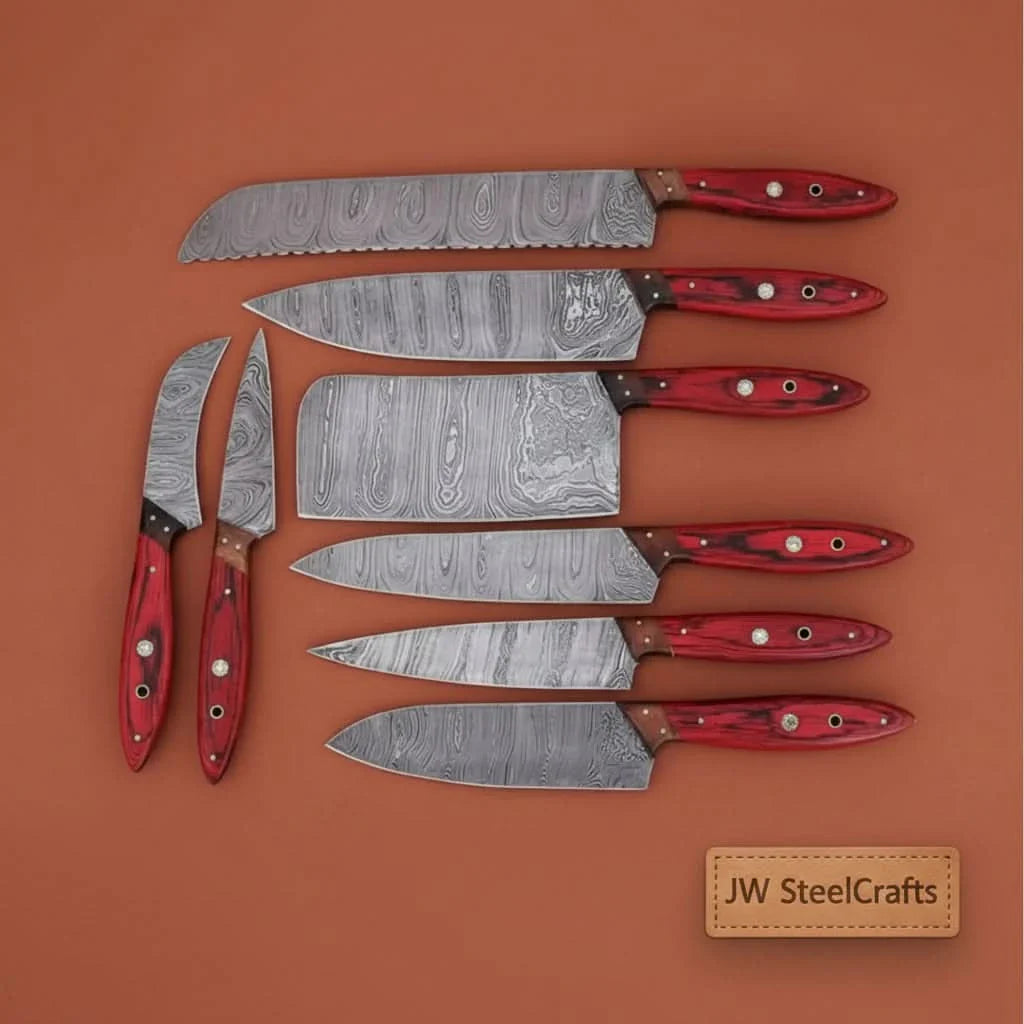 8 Piece Damascus Knife Set with Red Pakka Handles and Leather Roll