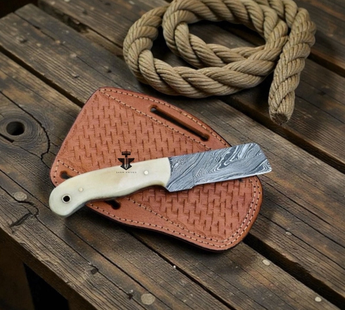 Ghosthorn Handmade Cowboy Damascus Bull Cutter Knife with Bone Handle & Belt Leather Sheath