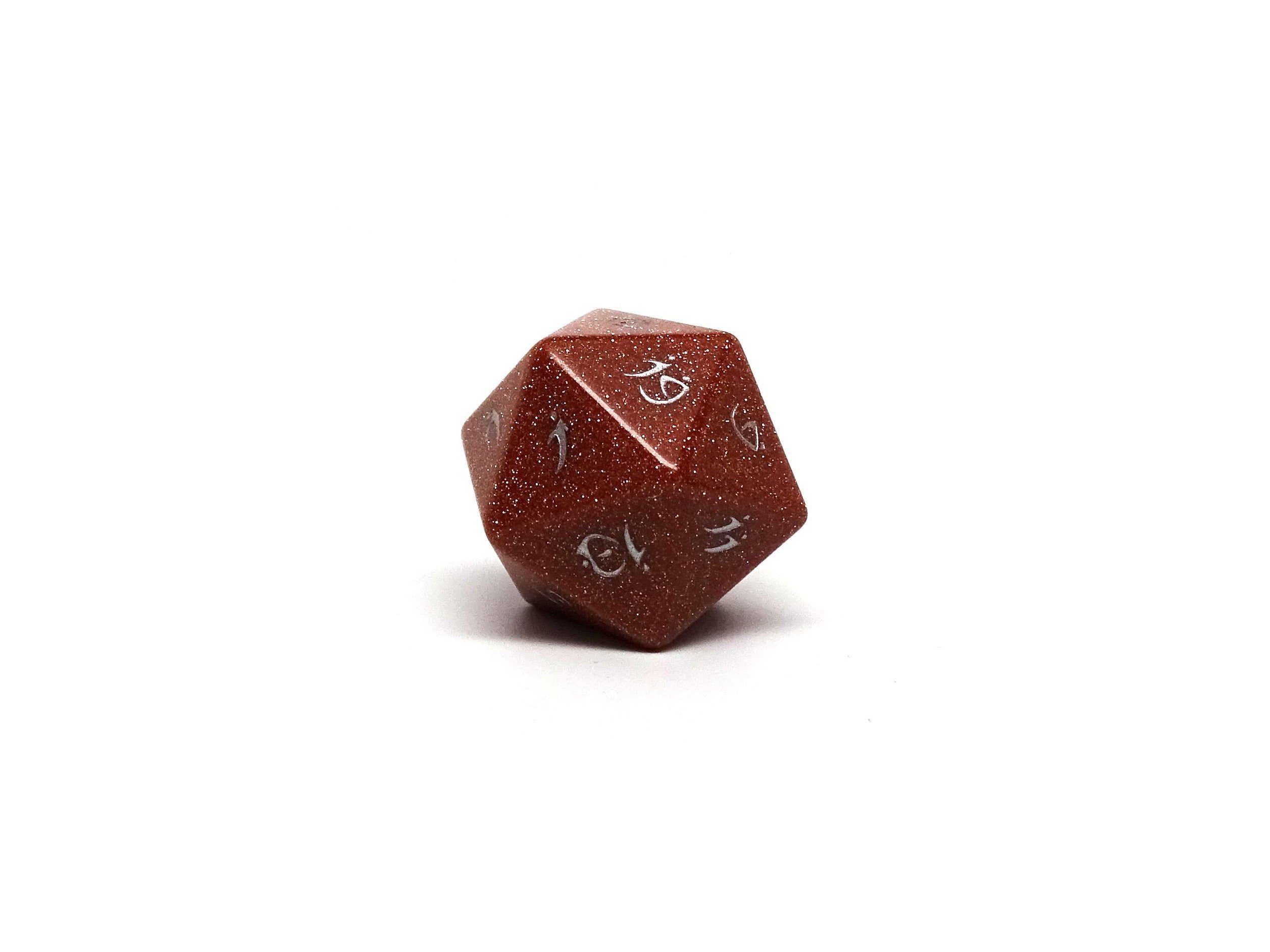 Stone D20 Dice - Goldstone - Elvenkind Font