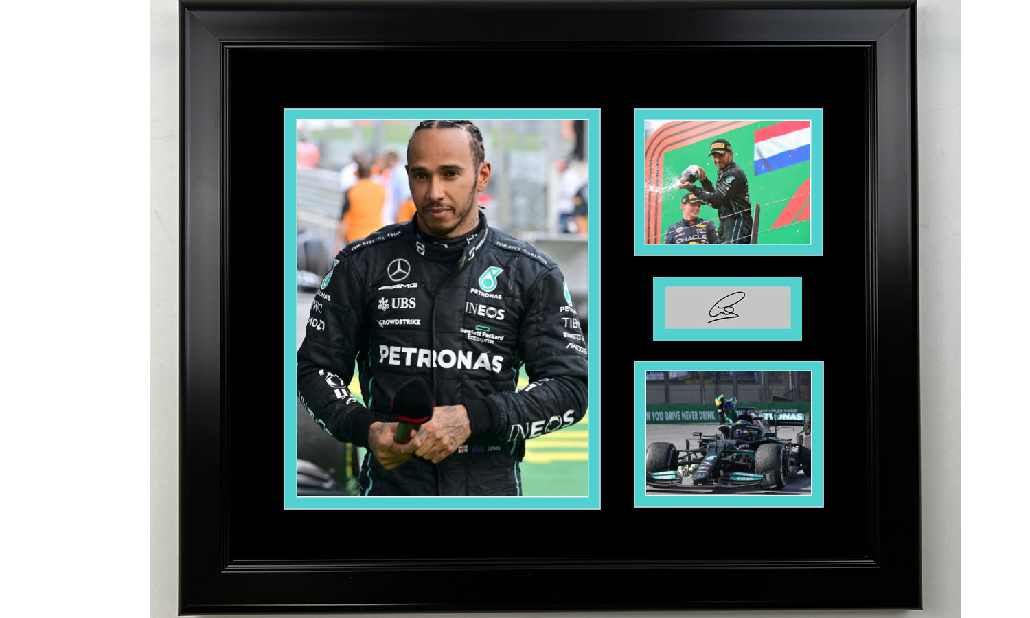 Framed Lewis Hamilton F1 Facsimile Laser Engraved Signature 14x11 3 Photo Collage