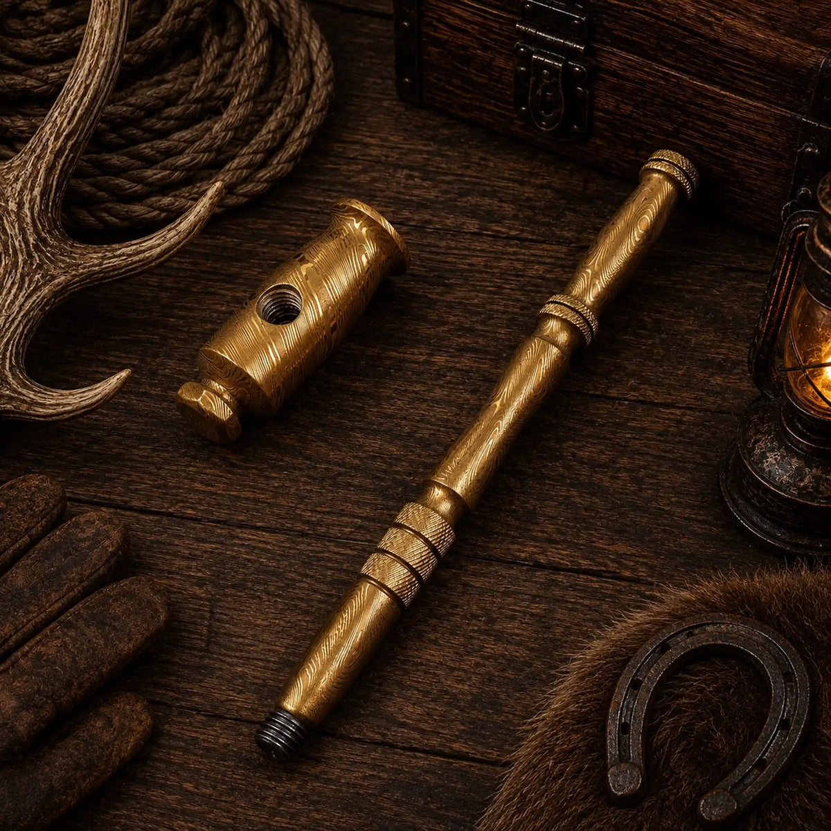 Goldenforge Damascus Steel Hammer – Handmade Desk Décor Collectible