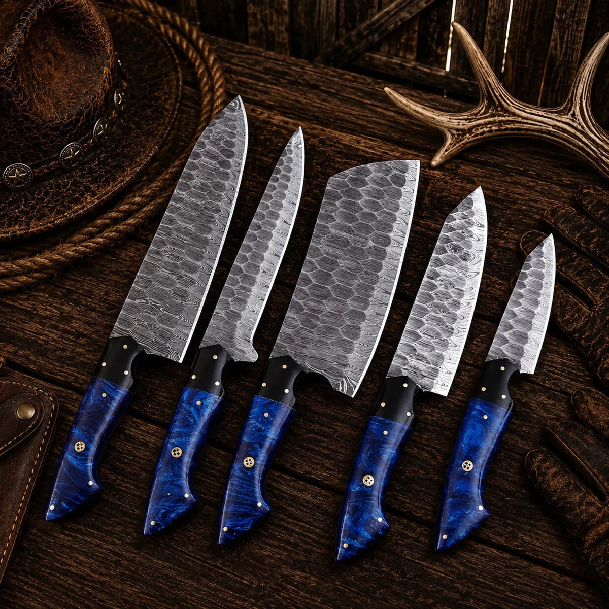 Handmade Forged Damascus Steel Chef Knife Set – Blue Epoxy Resin Handles