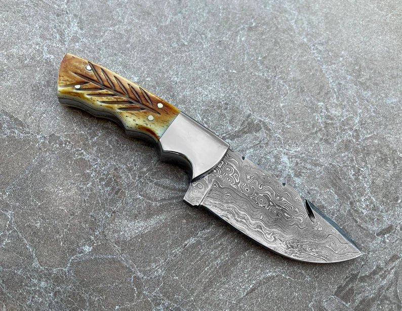 Handmade Hunting Knife, Damascus Steel Fixed Blade Knife Carved Burnt Camel Bone Handle