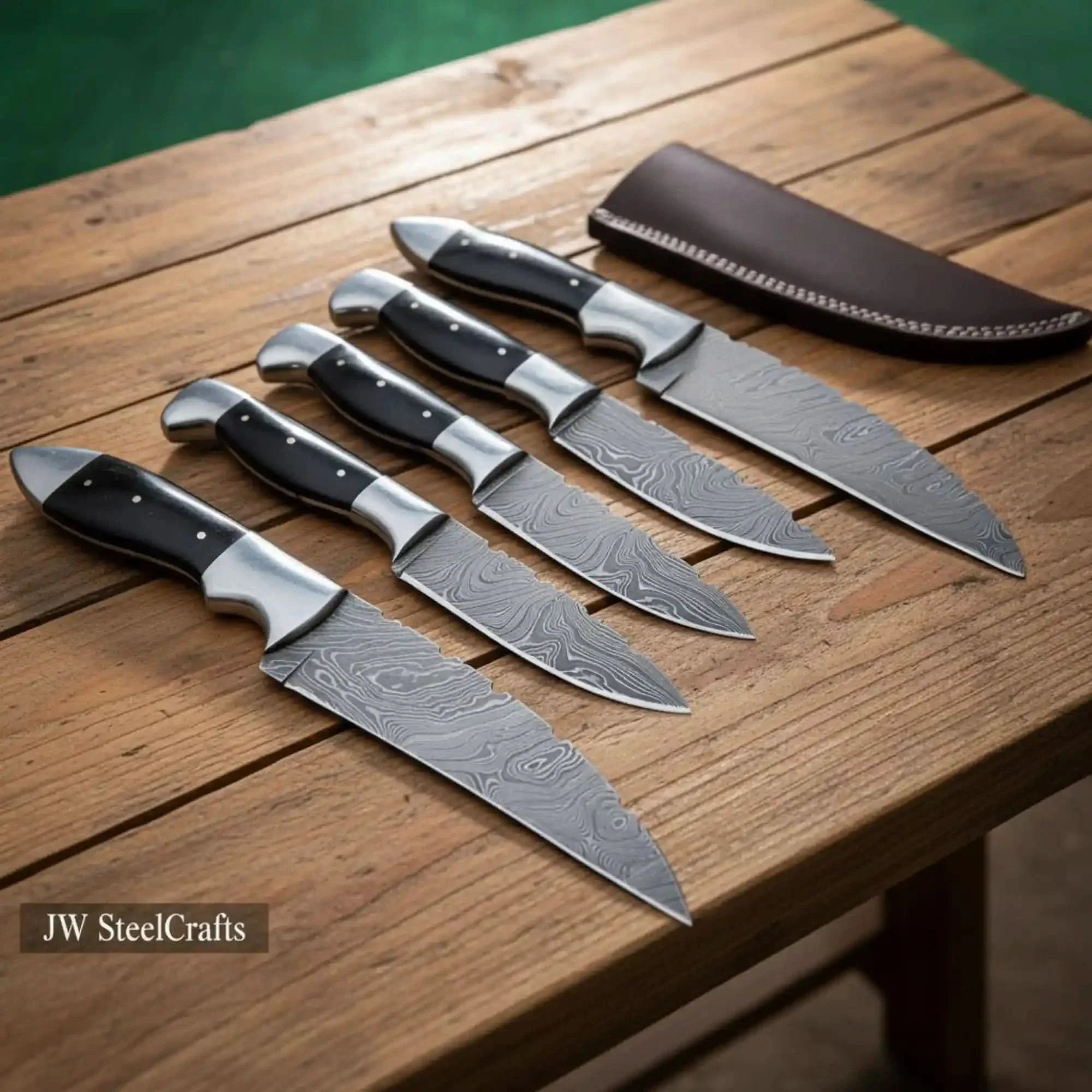 5-Piece Hunting Knife Set with Buffalo Horn Handle — Ladder Damascus Blades & Black Buffalo Horn Handles