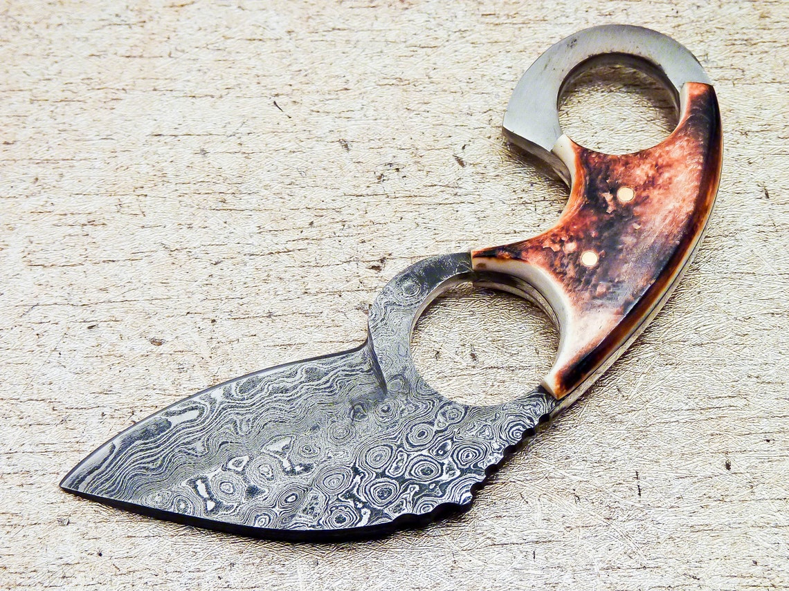 KBS Knives Store Full Tang Damascus Steel Tactical Knife with Burn Bone Handle