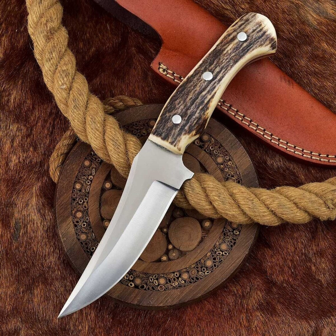 Handcrafted Custom Deer Skinning Knife with Antler Handle