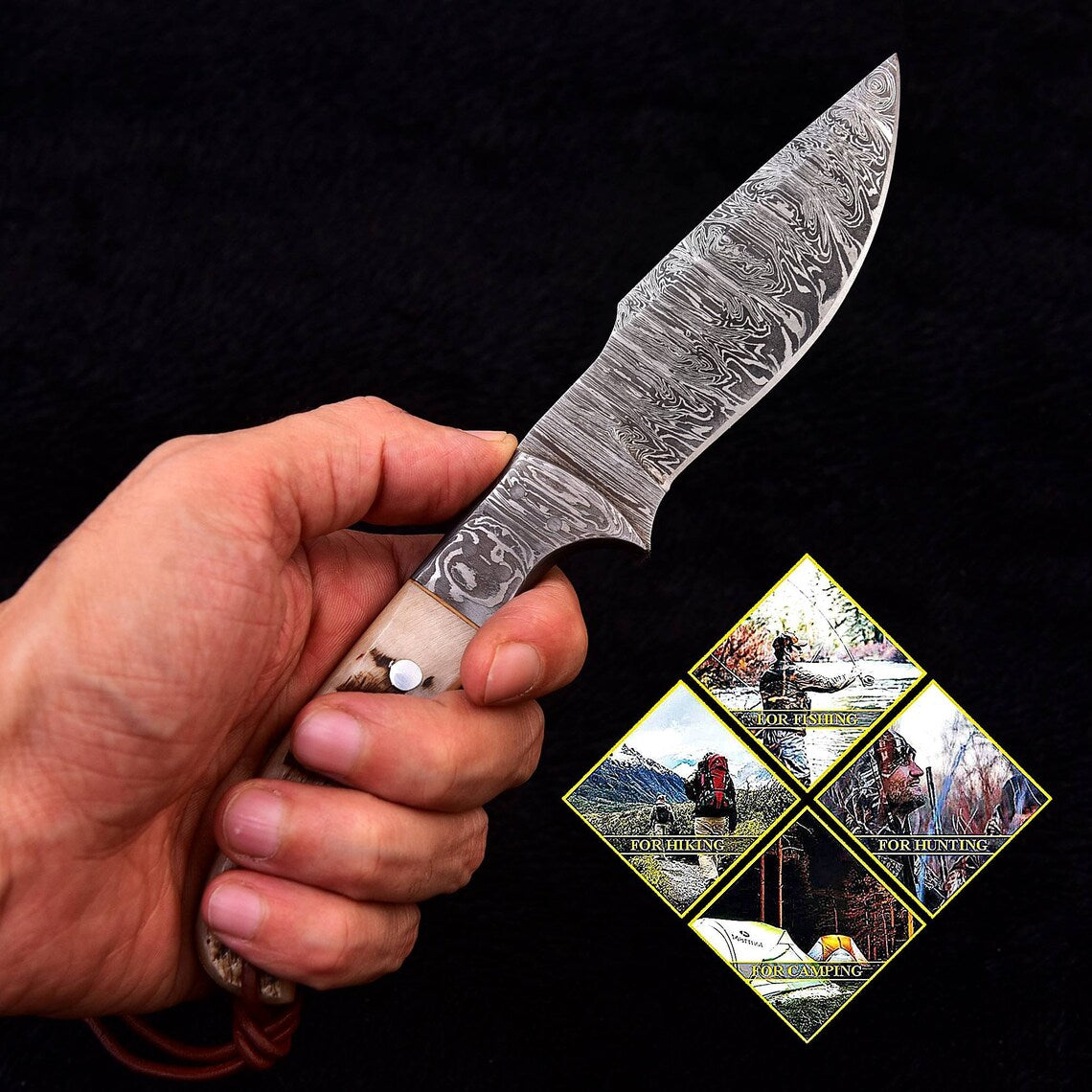 Custom Handmade Damascus Skinning Knife with Sheep Horn Handle, 9-inch