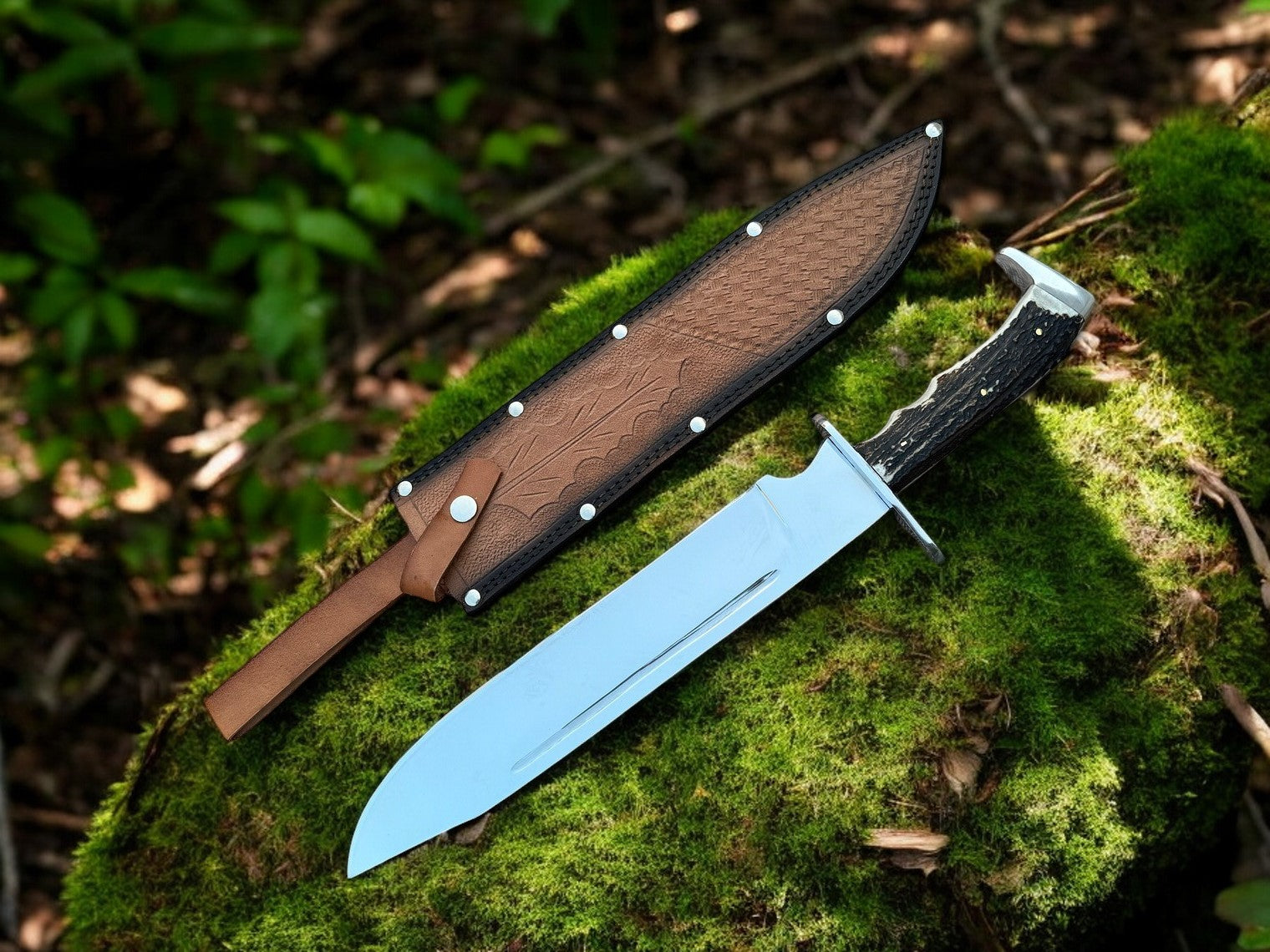 Highlander Stag Handle Bowie – 18" Custom Handmade D2 Steel Blade with Stag Horn Handle