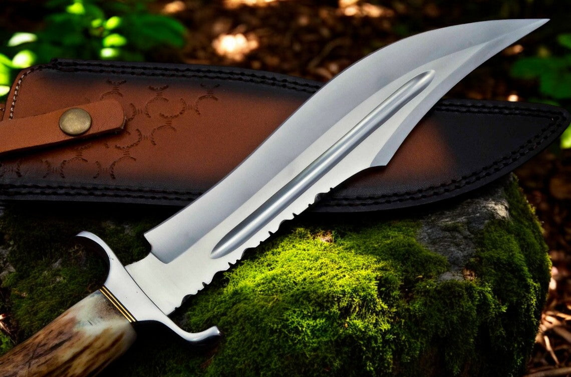 Bowie Knife With Antler Handles – 14" D2 Steel Blade With Blood Groove & Antler Handle
