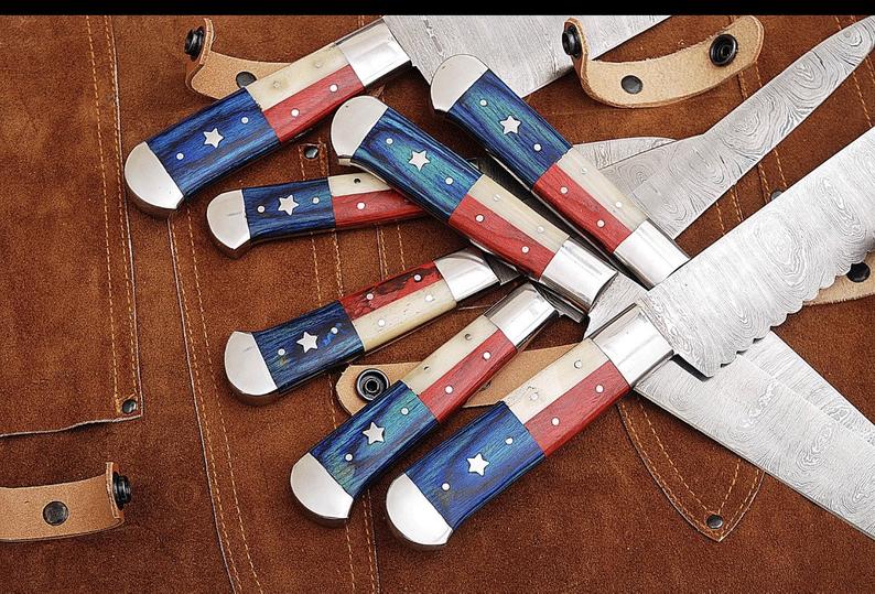 Texas Flag Handle Damascus Steel Kitchen Knives Set