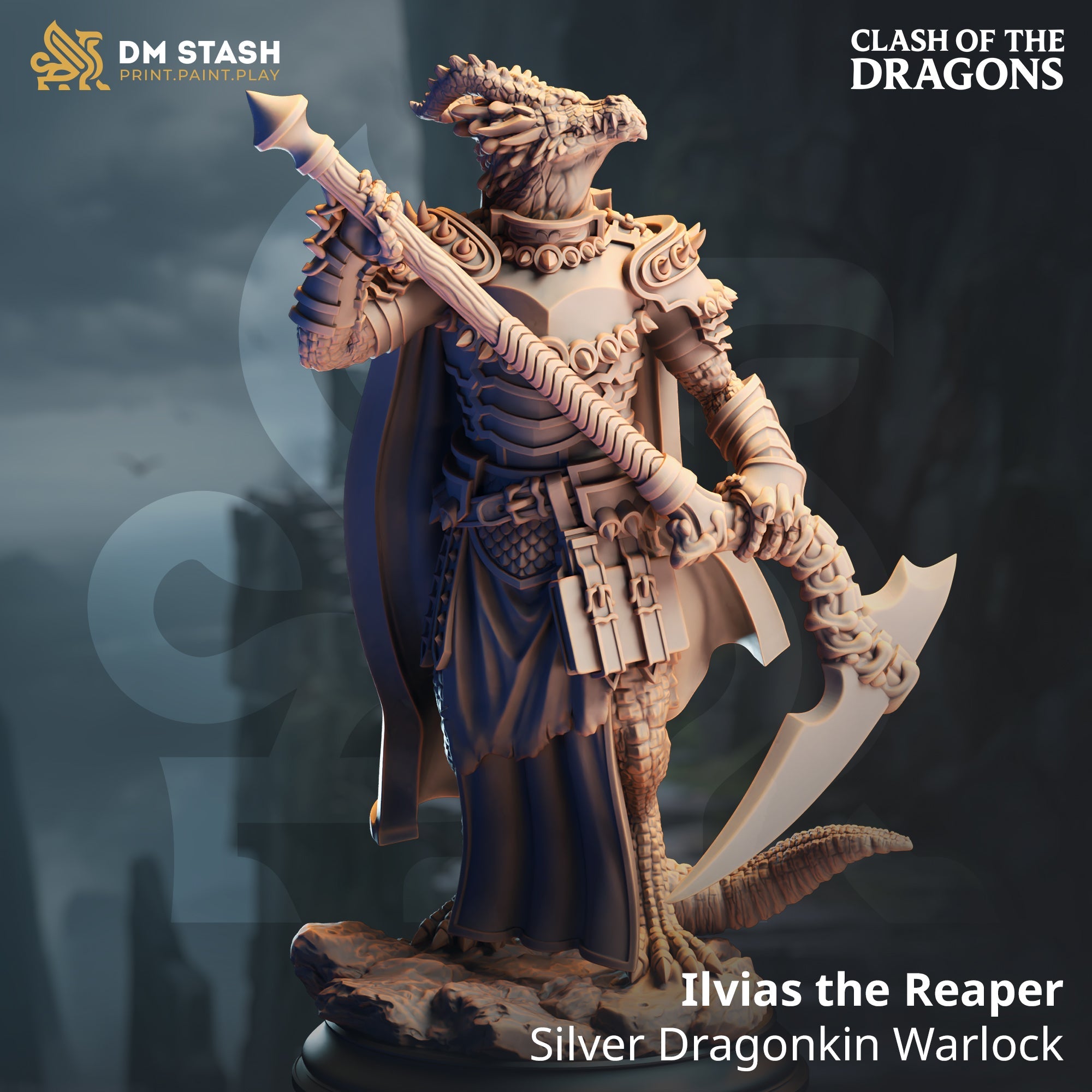 Ilvias the Reaper, Silver Dragonkin Warlock (Male Dragonborn Warlock)