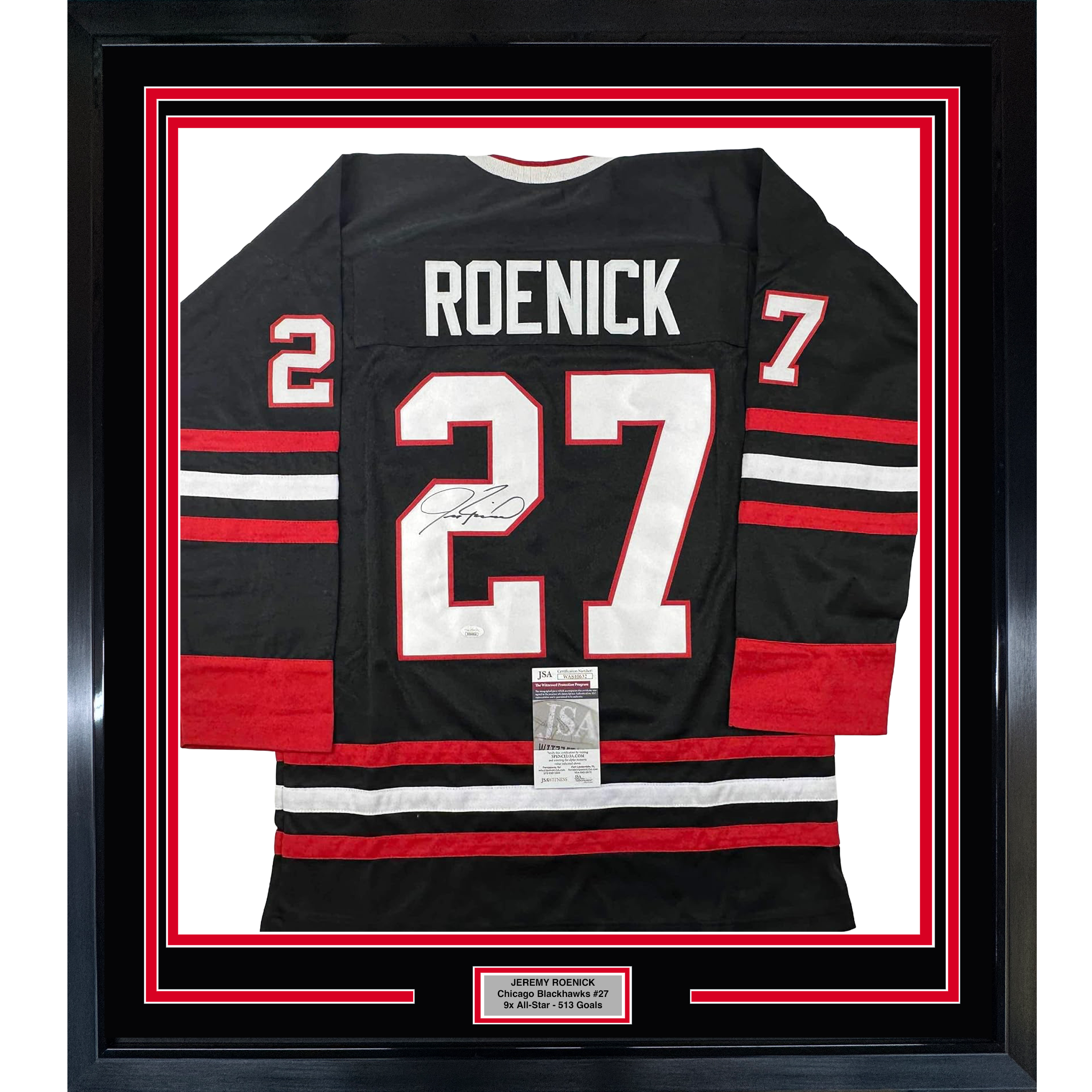 Framed Autographed/Signed Jeremy Roenick 35x39 Chicago Black Hockey Jersey JSA COA
