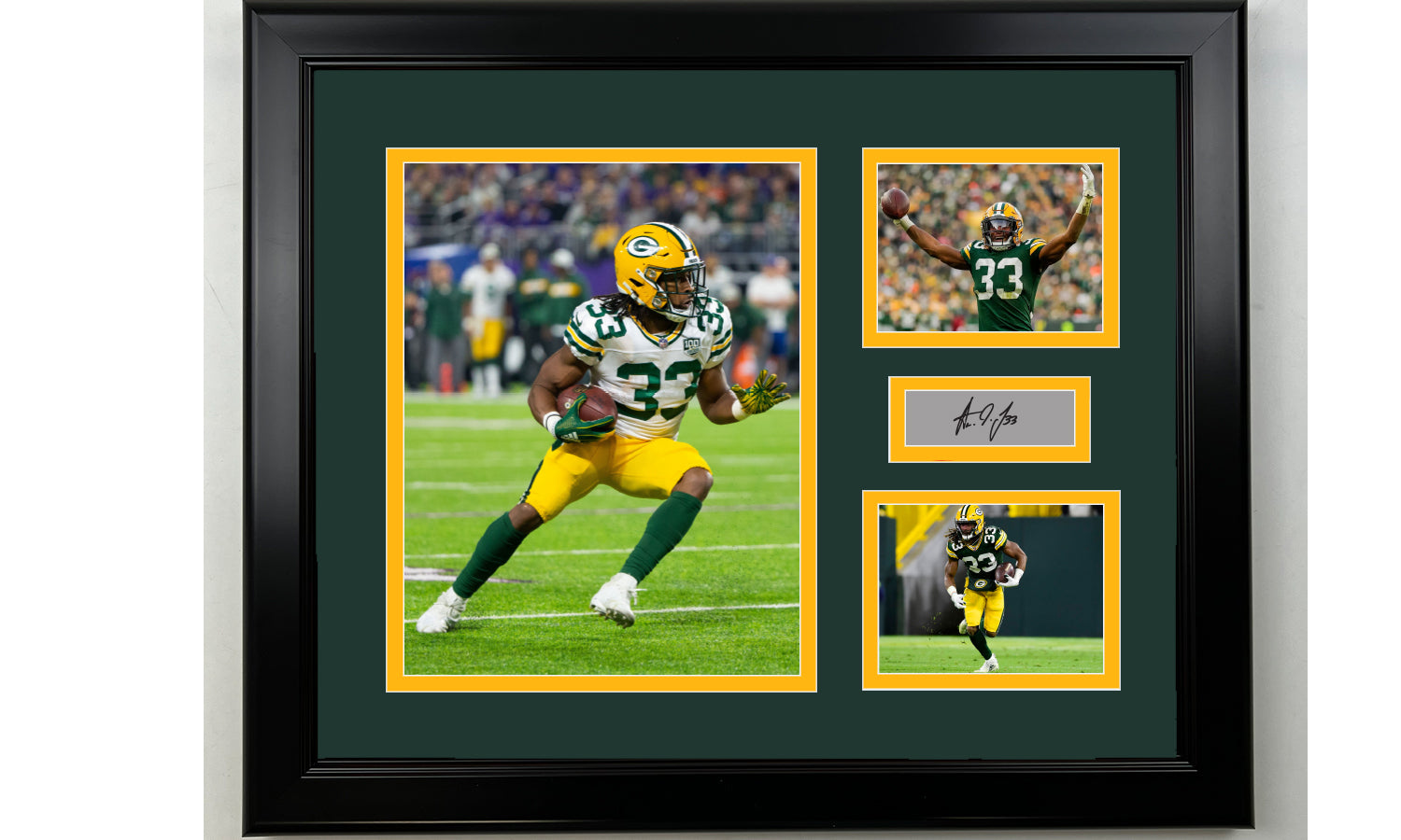 Framed Aaron Jones Green Bay Packers Facsimile Laser Engraved Signature Football 14x11 3 Photo Collage