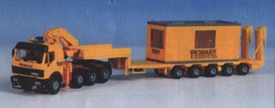 Kibri 13578 HO Scale European Construction Equipment - Trucks -- Mercedes SK 4-Axle Tractor w/Crane, 5-Axle Lowboy Flatbed & Portable Office
