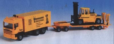 Kibri 13580 HO Scale European Construction Vehicle -- DAF 3-Axle Box Van w/4-Axle Flatbed Trailer & Heavy Forklift