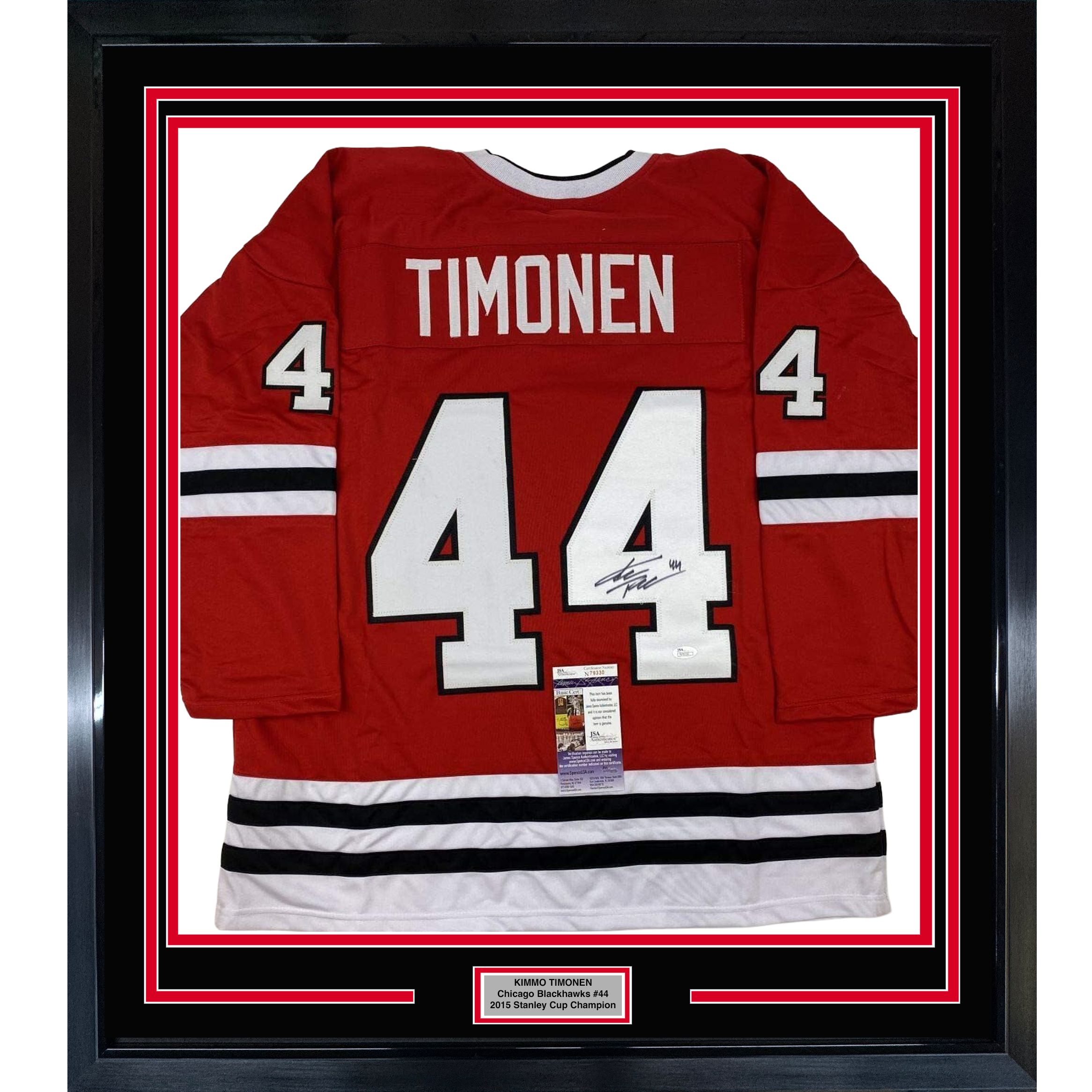 Framed Autographed/Signed Kimmo Timonen 35x39 Chicago Red Hockey Jersey JSA COA