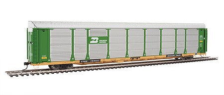 Walthers Proto 101323 HO Scale 89' Thrall Bi-Level Auto Carrier - Ready To Run -- Burlington Northern #150517 / TTGX Flat (Car: green, silver; Flat: yellow)