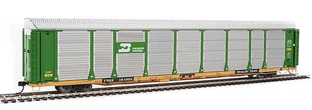 Walthers Proto 101326 HO Scale 89' Thrall Bi-Level Auto Carrier - Ready To Run -- Burlington Northern Rack, TTGX Flatcar #151004 (green, silver; yellow Flat)