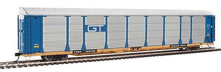 Walthers Proto 101337 HO Scale 89' Thrall Bi-Level Auto Carrier - Ready To Run -- Grand Trunk Western Rack, TTGX Flatcar #88130/160139 (blue, silver; yellow F