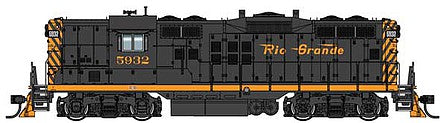 Walthers Proto 42703 HO Scale EMD GP9 Phase II - LokSound 5 Sound and DCC -- Denver & Rio Grande Western(TM) #5932 (black, Aspen Gold; Small Flying Grand)