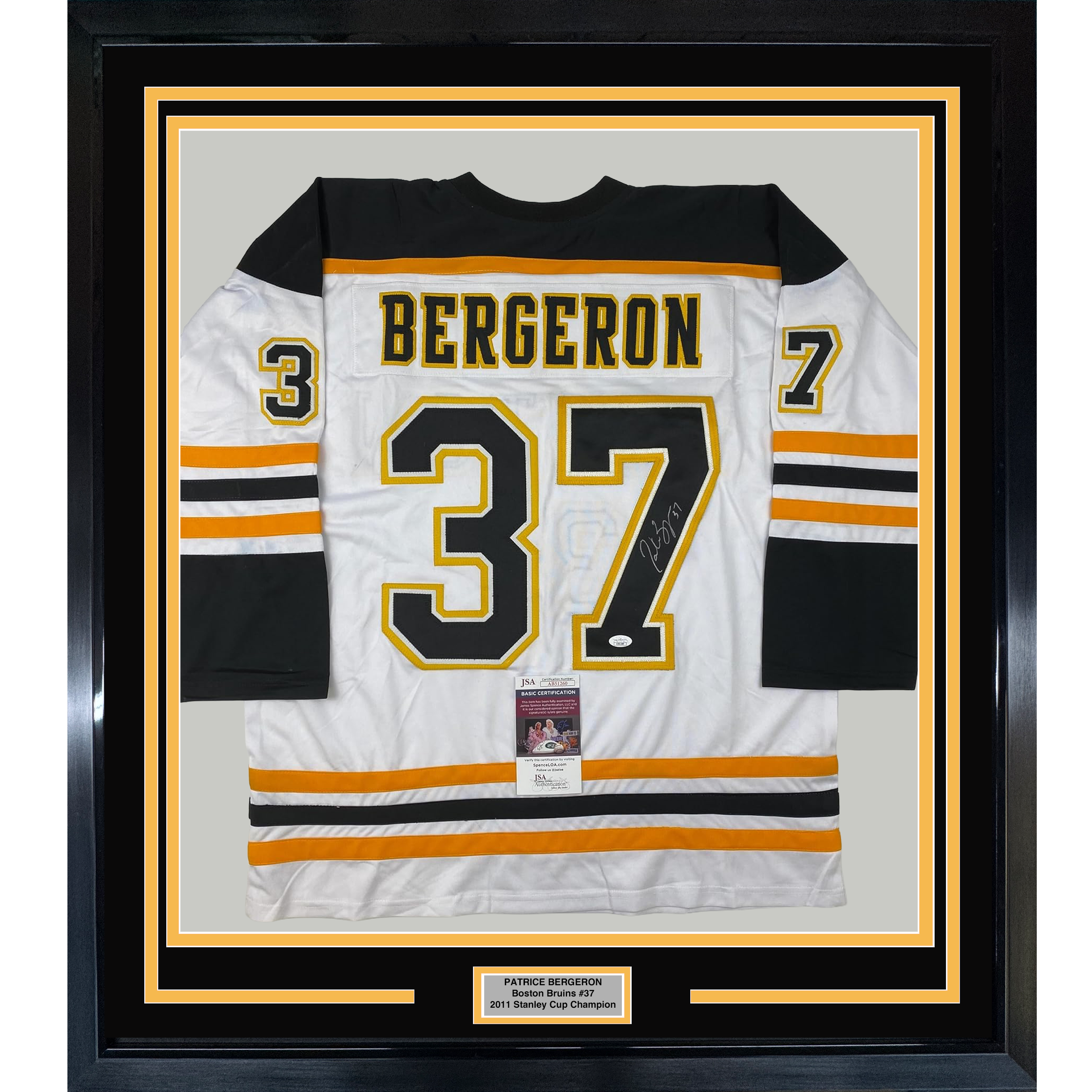 Framed Autographed/Signed Patrice Bergeron 35x39 Boston White Hockey Jersey JSA COA