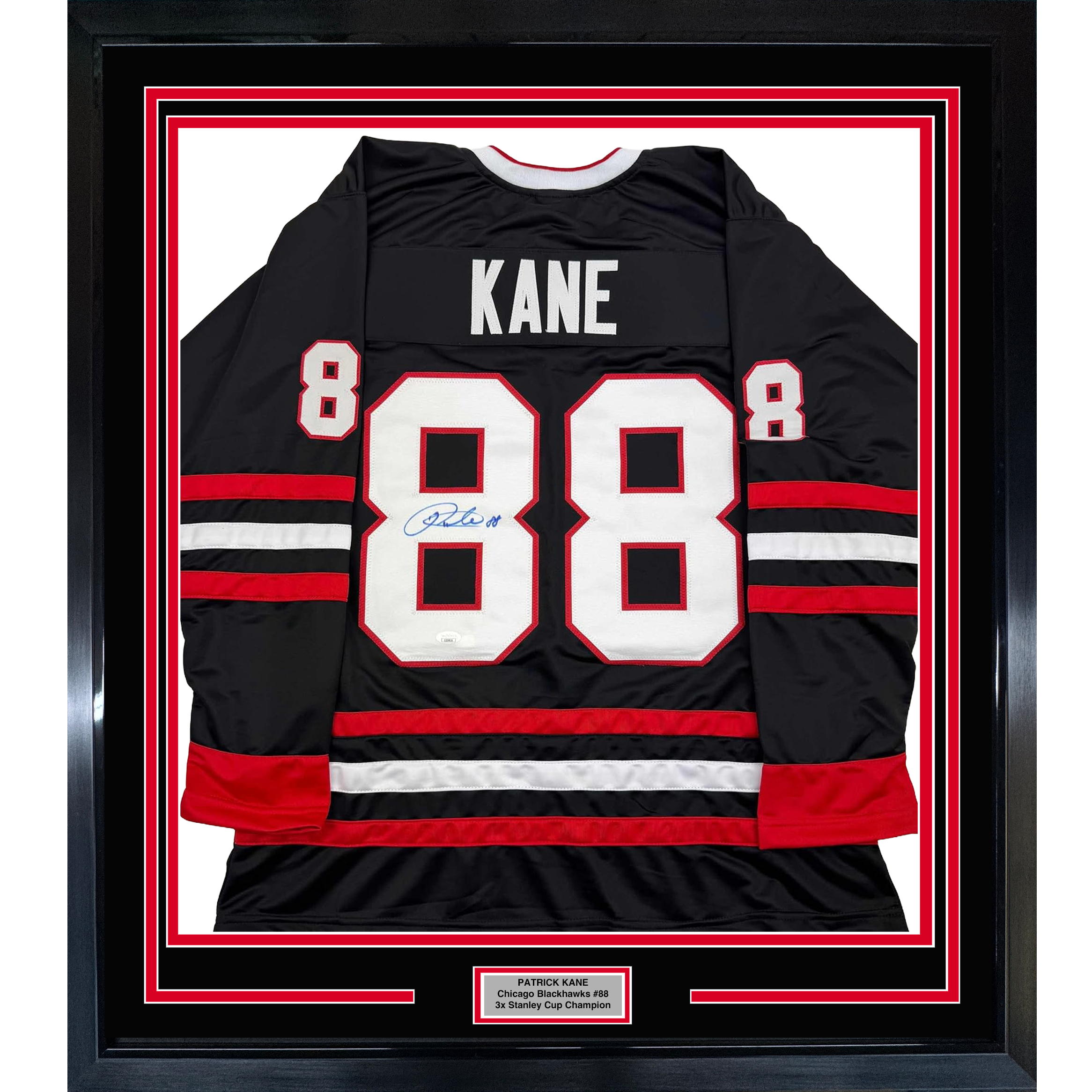 Framed Autographed/Signed Patrick Kane 35x39 Chicago Black Hockey Jersey JSA COA