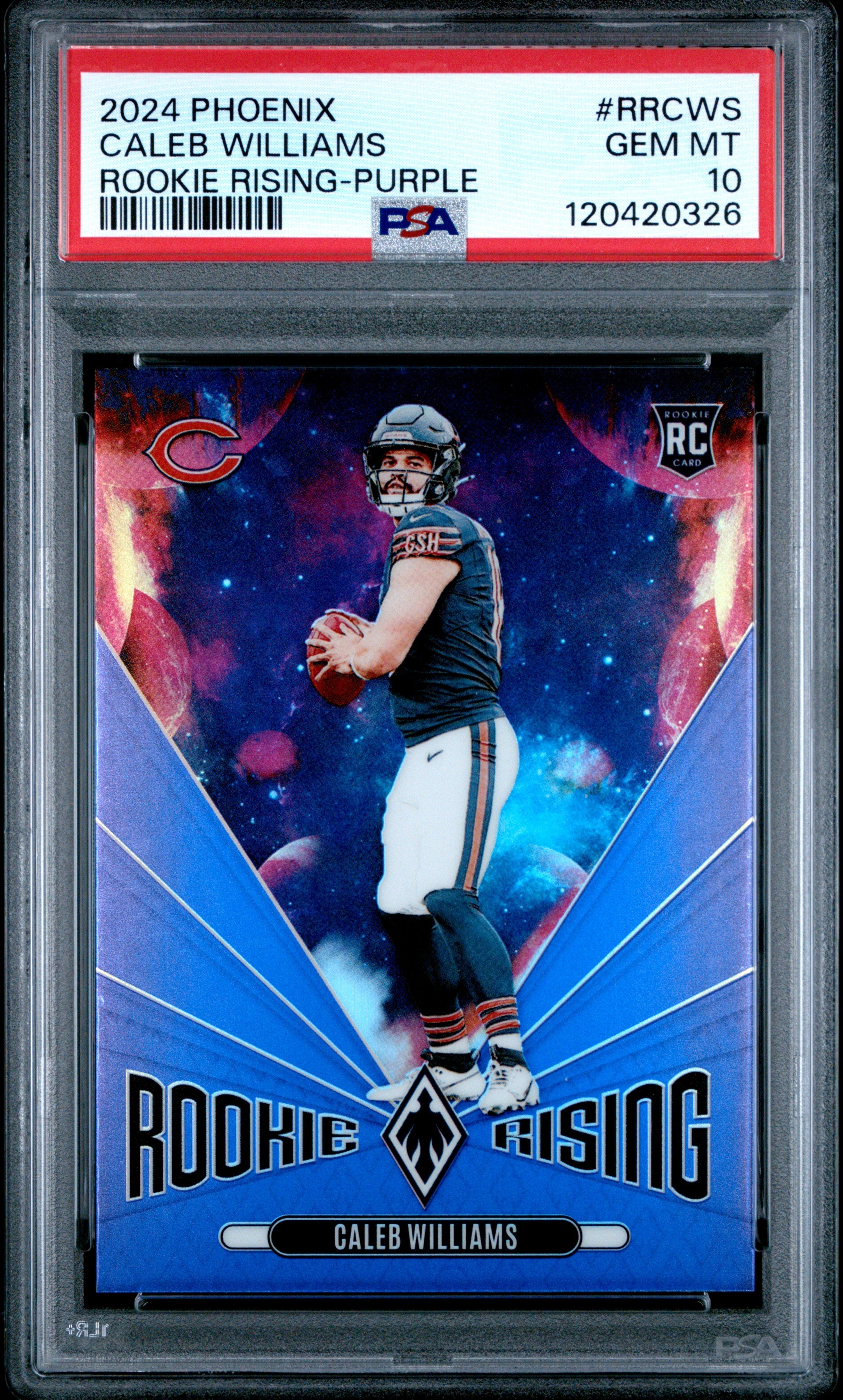 graded rookie football cards Graded 2024 Panini Phoenix Caleb Williams #RRCWS Rookie Rising Purple  Rookie RC Football Card PSA 10 Gem Mint
